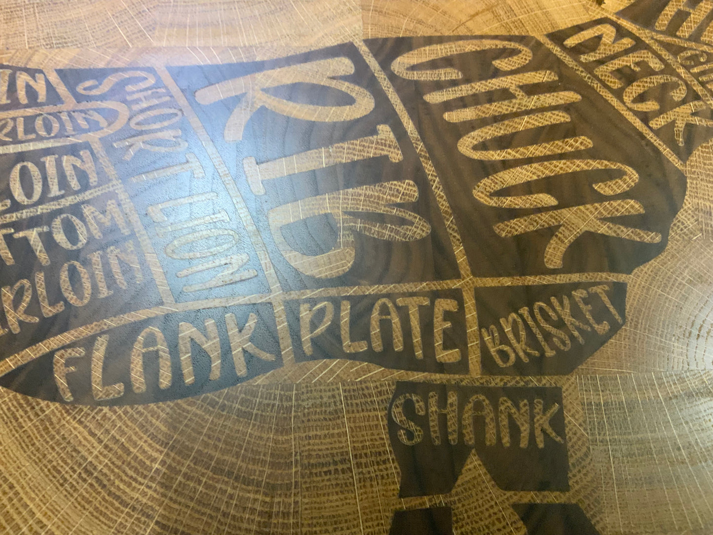 Custom cow cuts board close up