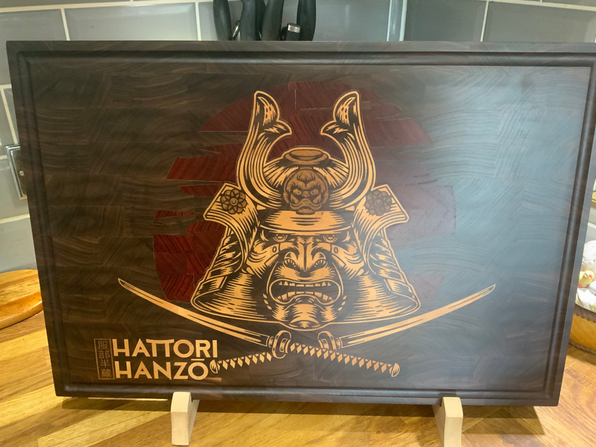 Custom Hattori Hanzo inlay on Walnut cutting board